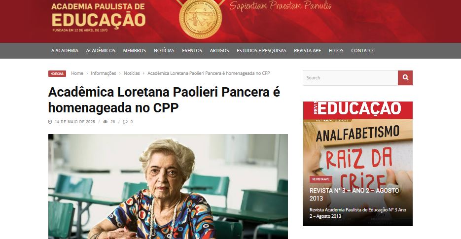 Academia Paulista de Educação parabeniza a Professora Loretana  por homenagem feita pelo CPP