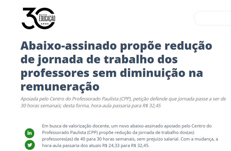 Revista Educação destaca proposta de redução de jornada dos professores apoiada pelo CPP