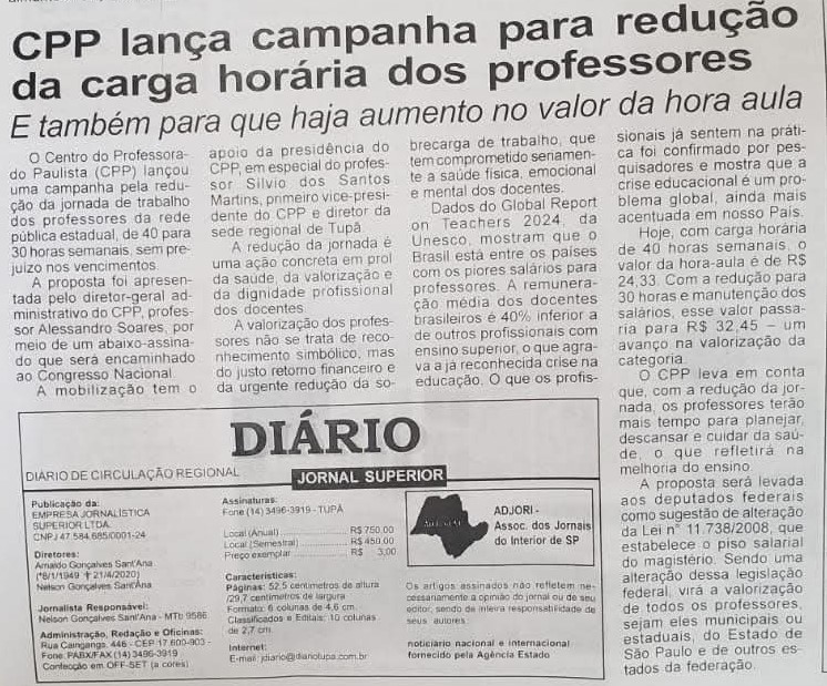 Campanha para redução da carga horária dos professores apoiada pelo CPP ganha matéria no Diário de Tupã