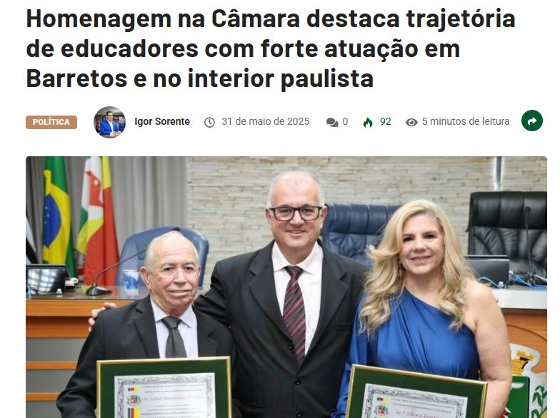 Homenagem recebida pelo Professor Silvio Martins é destaque em jornais do interior paulista