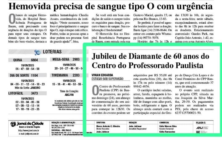Jornal da Cidade destaca aniversário de 60 anos do CPP Bauru