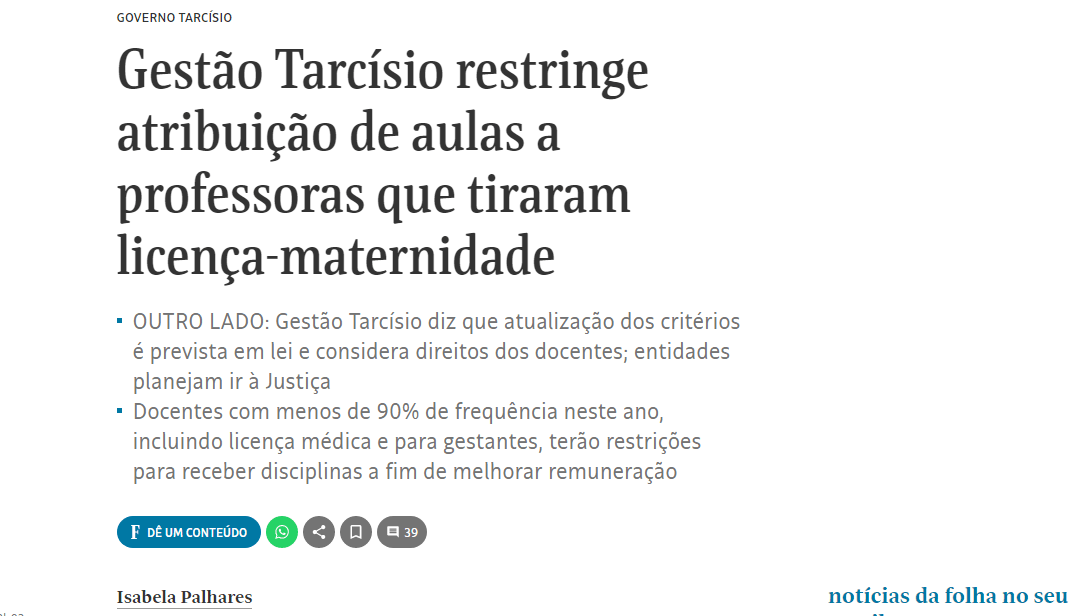 Jornal Folha de S. Paulo destaca ação do CPP em processo de atribuição de aula de 2026