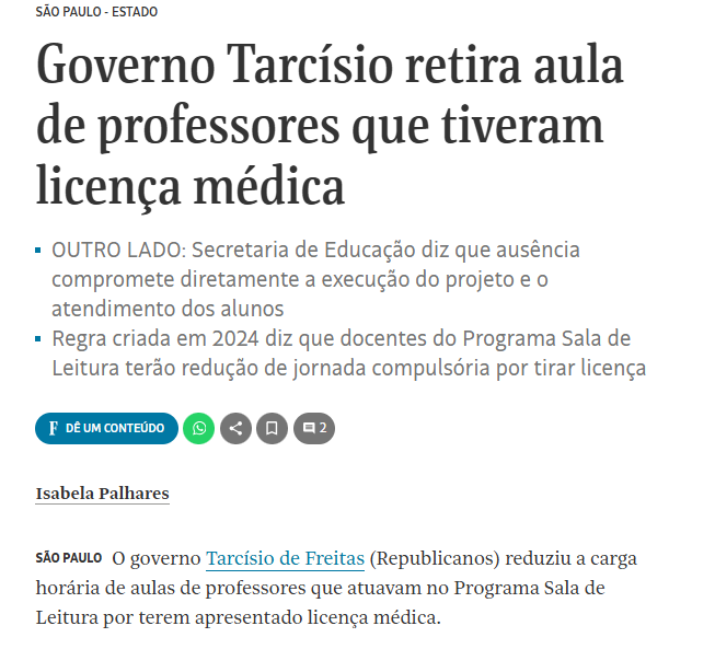 Folha de S.Paulo destaca posicionamento do CPP sobre demissões do programa Sala de Leitura