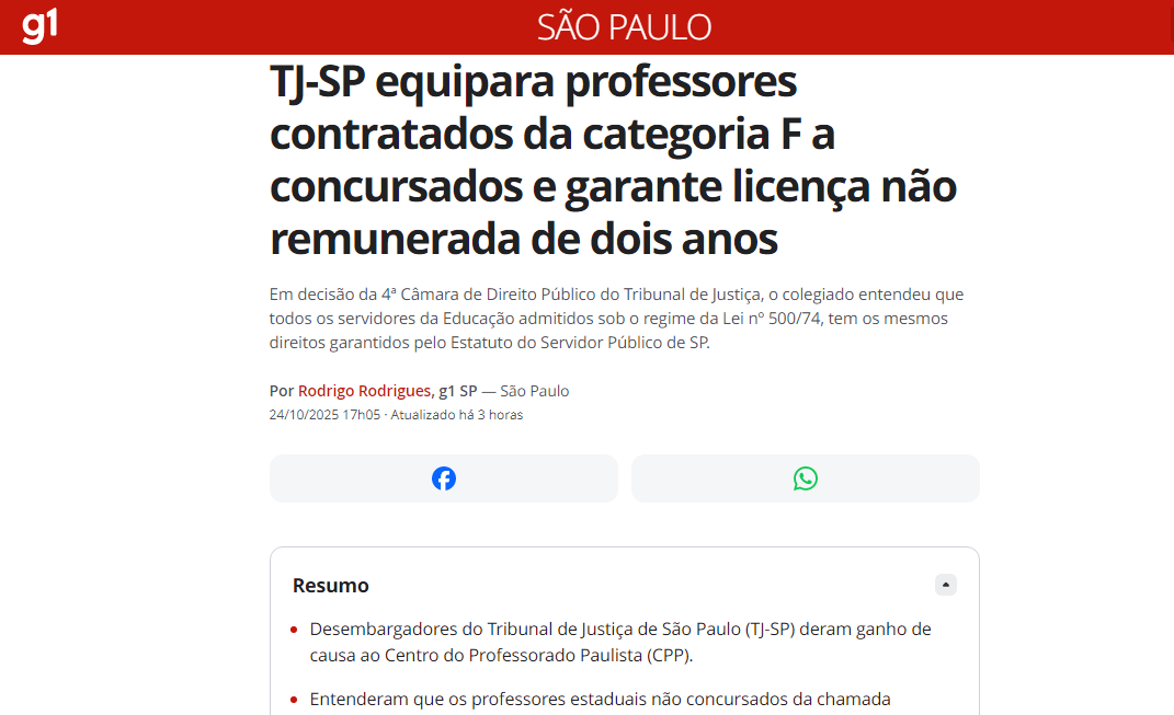 G1 publica matéria sobre a vitória do CPP em ação que beneficia professores categoria F