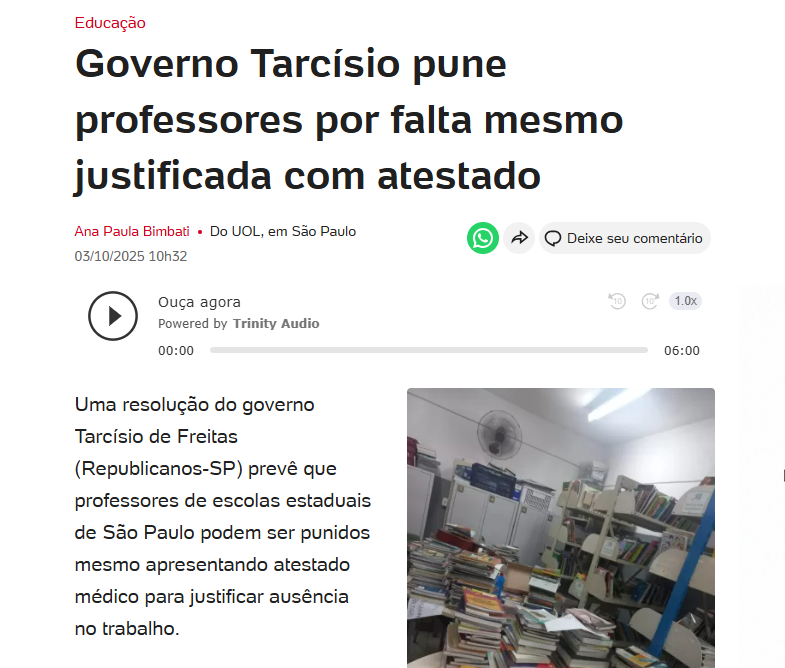 Uol repercute ação do CPP em defesa dos professores do programa Sala de Leitura