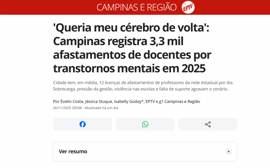 G1 Campinas repercute dados divulgados pelo CPP sobre o afastamento de docentes na região